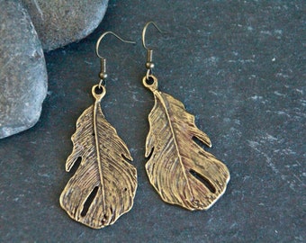 Feather Earrings | Antique Bronze | Hammered Bronze Dangle Earrings | Leaf Earrings | Original Metal Earrings- | Bohemian Tribal Jewellery