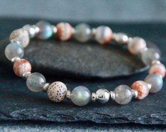 Elegant Ethnic Bracelet | Dzi Agate Labradorite Lotus Seed | Stretchy Gemstone Bracelet | Unisex | Original Organic Natural Jewelry