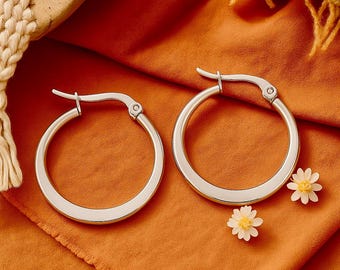 25mm Silver Hoop Earrings | Hypoallergenic Stainless Steel Earrings | Wide Flat Side Hoops