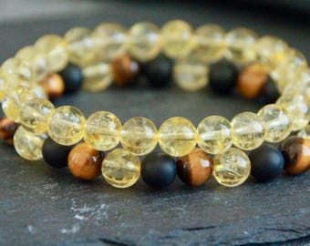Citrine Tiger's Eye Matte Onyx Bracelet | PROSPERITY | STRENGTH | PROTECTION | Unisex Stretchy Gemstone Bracelet | Crystal Healing Bracelet