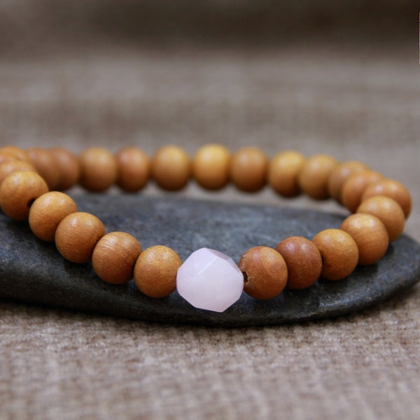 Rose Quartz Sandalwood Bracelet-Faceted Rose Quartz-Sandalwood Gemstone Stretchy Bracelet-Yoga Boho Wooden Bracelet-Natural Organic Jewelry