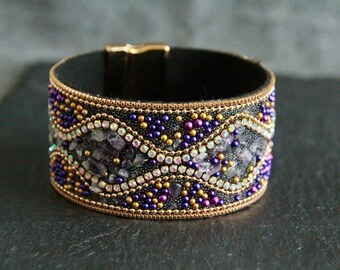 Bohemain Wristband | Amethyst Bracelet | Natural Crystals, Rhinestones and Vegan Leather | Magnetic Clasp | 35mm Wide | Size: 7 1/5"