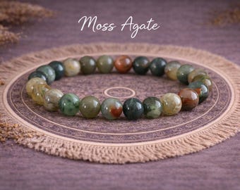 Moss Agate Bracelet | OPTIMISM | New START | RECOVERY | Birthing Crystal | Gemstone Bracelet | Natural Healing Stone Bracelet | 8mm or 10mm