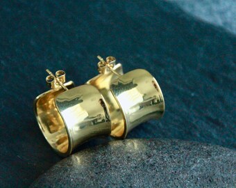 Stud Earrings | 18k Gold | Half Hoop | C Shape Open Hoops | 20mm | 15mm Thick Wide | Boho Original Statement Earrings | Twist Column Studs