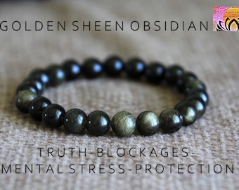 Obsidian Bracelet | Golden Sheen Obsidian | TRUTH | Mental Stress and Tension | Protection | Root Chakra | Black Stretchy Bracelet | Unisex