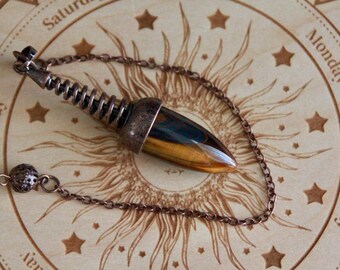Tigers Eye Pendulum | Dowsing Pendulum Pendant | 65x16mm-25cm long chain with clasp | Copper Pendulum | Gemstone Crystal Divining Pendulum