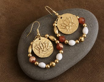 Bohemian Lotus Flower Earrings | Natural Stone Earrings | Job's Tear | Golden Brass | Original Gemstone Hoops | Boho Ethnic Hippie Jewelry