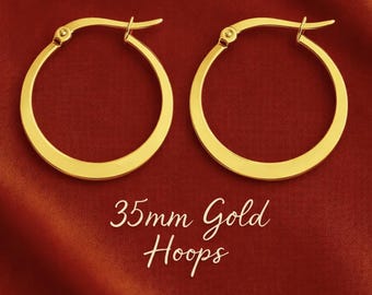 35mm Golden Hoop Earrings | Hypoallergenic Stainless Steel Earrings | Original Wide Flat Side Hoops