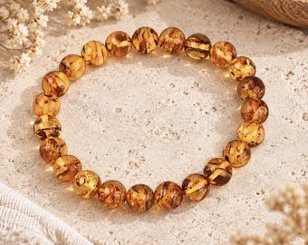 Amber Bracelet | PROTECTION | VITALITY | RENEWAL | 8mm beads | Baltic Amber Bracelet | Plain Stretchy Bracelet | Women Jewellery 7"