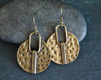 Modern Bronze Earrings | Original Design Earrings | Large Metal Earrings | Hammered Bronze | Long Charm Earrings | Ethnic Rustic Jewellery