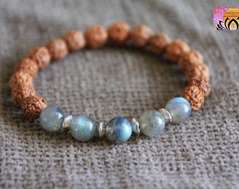 Labradorite Rudraksha Bracelet | MYSTICAL/INTUITION/AURA Shield/Self discovery | Gemstone Seeds Stretchy Bracelet | Yoga Organic Jewelry