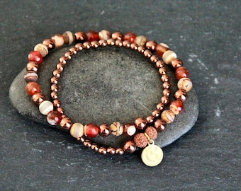 Ethnic Bracelet With Moon Charm Copper and DZI beads | Sacred Rudraksha Seeds | Long Stretchy Bracelet | Double Wrap Boho Ethnic Bracelet