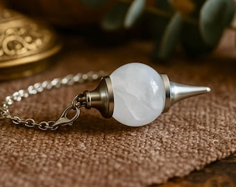 Quartz Pendulum | Dowsing Pendulum Pendant | 41x18mm | 23cm long chain with clasp | Silver | Natural Gemstone Crystal Divining Pendulum