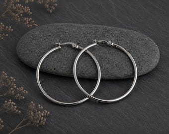 45mm or 50mm Large Silver Hoops | Hypoallergenic Stainless Steel | Boho Jewelry | Boho Ethnic Modern Earrings | Sensitive Ears Hoops