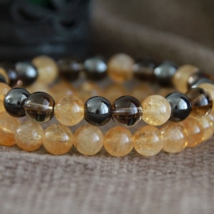 Citrine Hematite Smoky Quartz Set of 2 Bracelets-PROTECTION/ABUNDANCE/CENTERING-Gemstone Stretchy Bracelets-Crystal Healing Bracelets