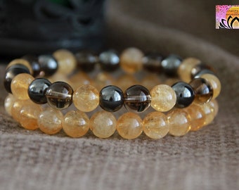 Citrine Hematite Smoky Quartz Set of 2 Bracelets-PROTECTION/ABUNDANCE/CENTERING-Gemstone Stretchy Bracelets-Crystal Healing Bracelets