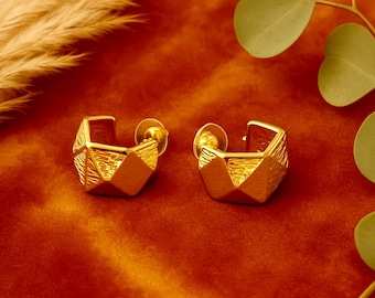 Modern Chunky Textured Studs | 18k Gold | Half Hoops | C Shape Hoops | Open Hoops | Hammered Hoops | 18-20mm | 13mm Thick Wide Side