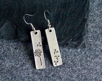 Dandelion Wish Silver Earrings | Long Antique Silver Earrings | Decorated Metal Charm Earrings | Original Boho Ethnic Rustic Jewellery
