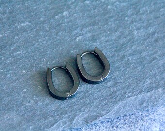 Black Oval Stainless Steel Huggie Hoop Earrings | 14x16mm | Hypoallergenic Earrings | Black Hoops | Tiny Hoops | Unisex | Sensitive Ears
