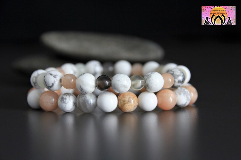 Moonstone Sunstone Howlite Bracelets Set-YinYang Energies-PEACEJOYFEMININE Energy-Yoga Bracelets Set-Wrist Mala-Gemstone Boho Bracelets