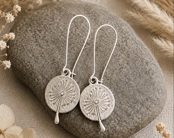 Dandelion Silver Earrings | Antique Silver | Decorated Metal Charm Earrings | Original Bohemian Ethnic Jewelry | Handmade Rustic Earrings