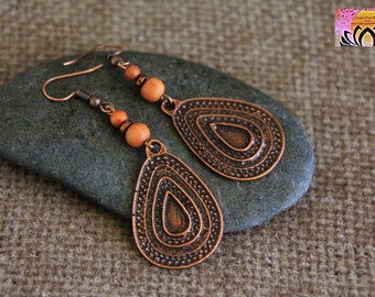 Bohemian Copper and Sandalwood Earrings-Long Dangle Earrings-Metal Charm Earrings-Yoga Boho Ethnic Rustic Jewellery-Copper Jewellery