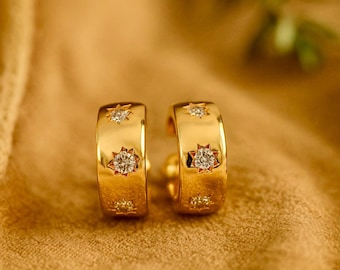 Chunky Shiny Stars Stud Hoops | 18k Gold | Cubic Zirconia | Golden Half Hoops | C Shape Hoops | Open Hoops | 22mm | 8mm Thick Wide Side