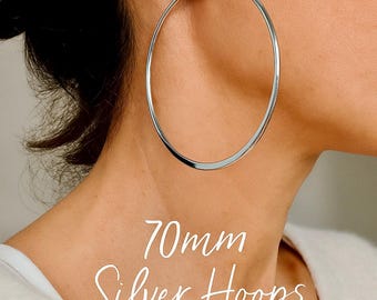 70mm Very Large Silver Hoop Earrings | Hypoallergenic Stainless Steel Earrings | Original Boho Modern Wide Flat Side Hoops
