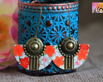 Original Half Moon Earrings | Japanese Paper Earrings | Boho Dangle Earrings | Metal Earrings | Unique Artisan Jewelry | Statement Earrings