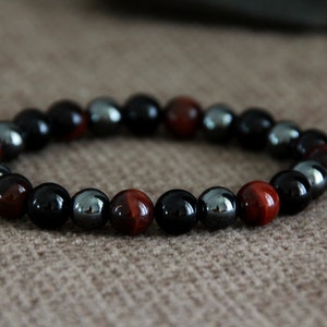Tourmaline Hematite Red Tigers Eye Bracelet | PROTECTION CONFIDENCE SURVIVAL | Gemstone Stretchy Bracelet | Unisex Crystal Healing Bracelet