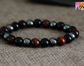 Tourmaline Hematite Red Tigers Eye Bracelet | PROTECTION CONFIDENCE SURVIVAL | Gemstone Stretchy Bracelet | Unisex Crystal Healing Bracelet