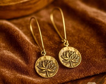 Lotus Flower Earrings | Bronze Metal Earrings | Hancrafted Earrings | Long Light Dangle Earrings | Original Yoga Ethnic Rustic Jewellery