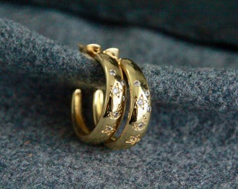 Chunky Shiny Hoops | 18k Gold | Cubic Zirconia | Golden Half Hoops | C Shape Hoops | Open Hoops | 24mm | 6.5mm Thick Wide Side | Studs