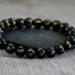 OM Mani Padme Hum Bracelet | Obsidian Mantra Bead | Buddhist Prayer Bracelet | Mala Bracelet | Yoga Boho Ethnic Sacred Jewellery | 8mm Beads