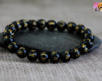 OM Mani Padme Hum Bracelet | Obsidian Mantra Bead | Buddhist Prayer Bracelet | Mala Bracelet | Yoga Boho Ethnic Sacred Jewellery | 8mm Beads