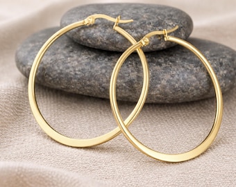 55mm Large Golden Hoops | Hypoallergenic Stainless Steel Earrings | Modern Flat Hoops | Wide Edge Thick Hoops | Boho Ethnic Original Hoops