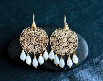 Mother of Pearl Earrings | Boho Statement Earrings | Original Dangle Earrings | Brass Metal Charm Earrings | Unique Handmade Jewellery
