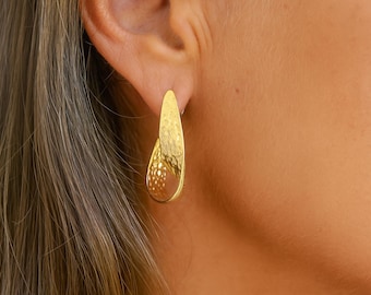 LIMITED STOCK | Chunky Textured Twisted Stud Hoops | 18k Gold | Half Hoop | C Shape Open Hoops |33mm | 12mm Thick Wide Side | Original Hoops