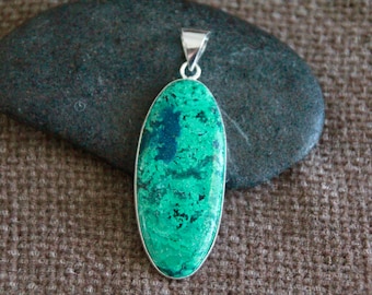 Malachite Chrysocolla Pendant-65x22mm-Natural Gemstone Pendant-Sterling Silver-Crystal Healing Pendant-Organic Stone Jewellery-High Quality