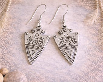 Ethnic Silver Earrings | Antique Silver | Decorated Metal Charm Earrings | Bird Earrings | Original Boho Earrings | Aztec Tribal Jewellery