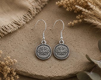 Lotus Flower Earrings | Antique Silver Metal Earrings | Hancrafted Earrings | Light Delicate  Earrings | Original Ethnic Rustic Jewellery