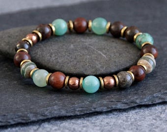 Ethnic Bracelet | Aventurine Turquoise Bronzite Amazonite Dzi beads | Stretchy Gemstone Bracelet | Unisex | Original Organic Natural Jewelry
