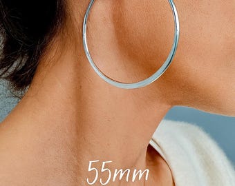 55mm Very Large Silver Hoop Earrings | Hypoallergenic Stainless Steel Earrings | Original Modern Wide Flat Side Hoops