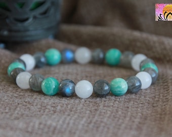 Labradorite Amazonite White Jade Bracelet | CONFIDENCE | SPEAK FREELY | Protection | Self Discovery | Organic Gemstone Jewelry | 8mm