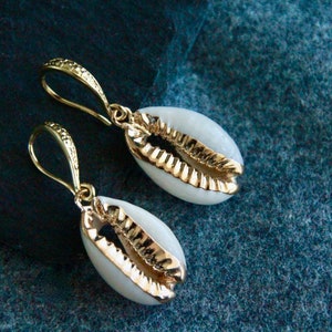Gold Cowrie Shell Earrings | Original Shell Drop Earrings | 36mm long | 18k Gold Statement Earrings | Trendy Fashion Youth Boho Jewelry