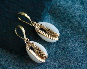 Gold Cowrie Shell Earrings | Original Shell Drop Earrings | 36mm long | 18k Gold Statement Earrings | Trendy Fashion Youth Boho Jewelry