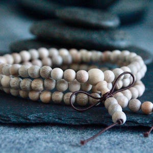 Natural Silkwood Mala | 6mm | Fragrant Wood | Mala Beads | Yoga Meditation | Long Necklace or Double Wrap Bracelet | Stretchy Elastic