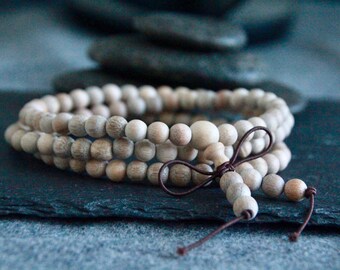 Natural Silkwood Mala | 6mm | Fragrant Wood | Mala Beads | Yoga Meditation | Long Necklace or Double Wrap Bracelet | Stretchy Elastic