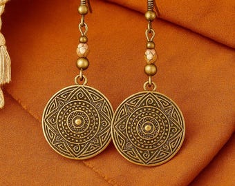 Bronze Earrings | Antique Bronze | Long Dangle Earrings With Crafted Czech Glass Beads | Metal Charm Earrings | Boho Ethnic Rustic Jewellery