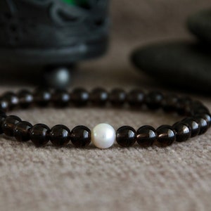 Smoky Quartz and Pearl Bracelet-CENTERING/GOAL REACHING/Protection Bracelet-Natural Freshwater Pearl Gemstone Bracelet-Statement Bracelet image 8